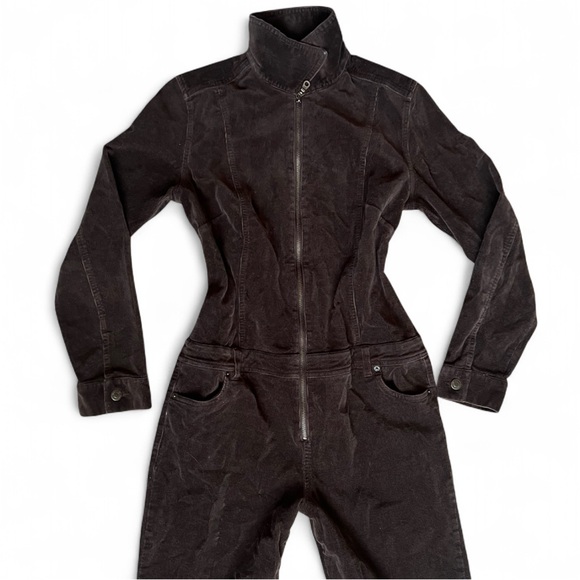 90's Y2K Chocolate Brown Corduroy Long Sleeve Zippered Jumpsuit. M. - Picture 6 of 11